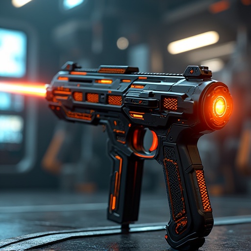 Concept art for a futuristic high-tech tactical rifle. Black body with vibrant orange highlights. Emitting glowing laser. Background with advanced technology and robotic elements. Intricate design emphasizing a futuristic narrative.