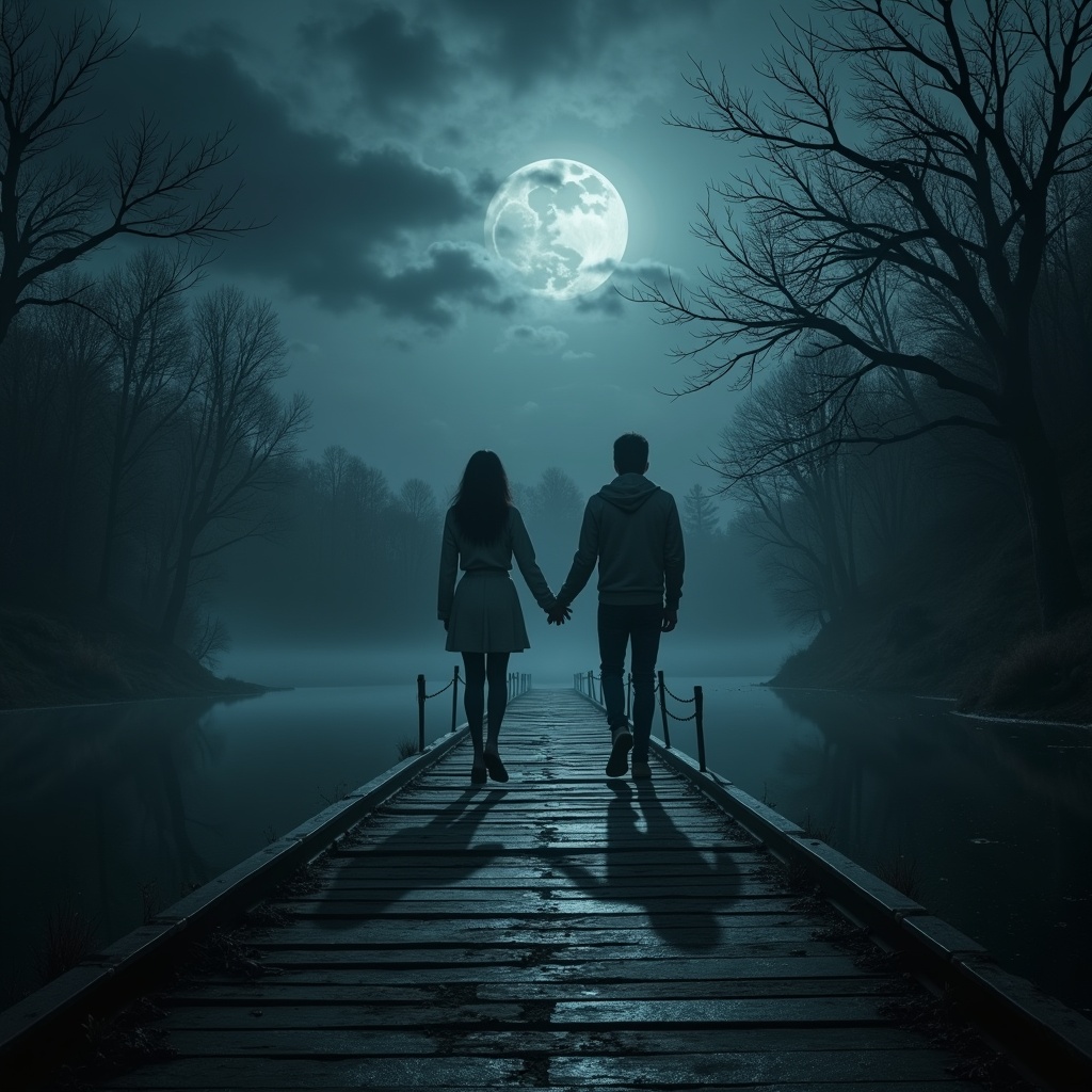 A young couple walks hand in hand towards a fog-covered lake by an abandoned camp. It is a moonlit night with dark trees. Shadows loom over the scene creating an eerie atmosphere. The environment is designed to evoke horror and suspense.