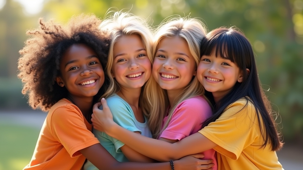 Four young girls from different countries are embracing and smiling. Distinct cultural features represent diversity. One girl has curly dark skin; two girls have blonde hair; the fourth has East Asian features with straight black hair. Girls wear colorful casual clothing in a bright outdoor setting. The background is blurred to enhance warmth and friendliness. High detail and photorealism are emphasized in vibrant colors.