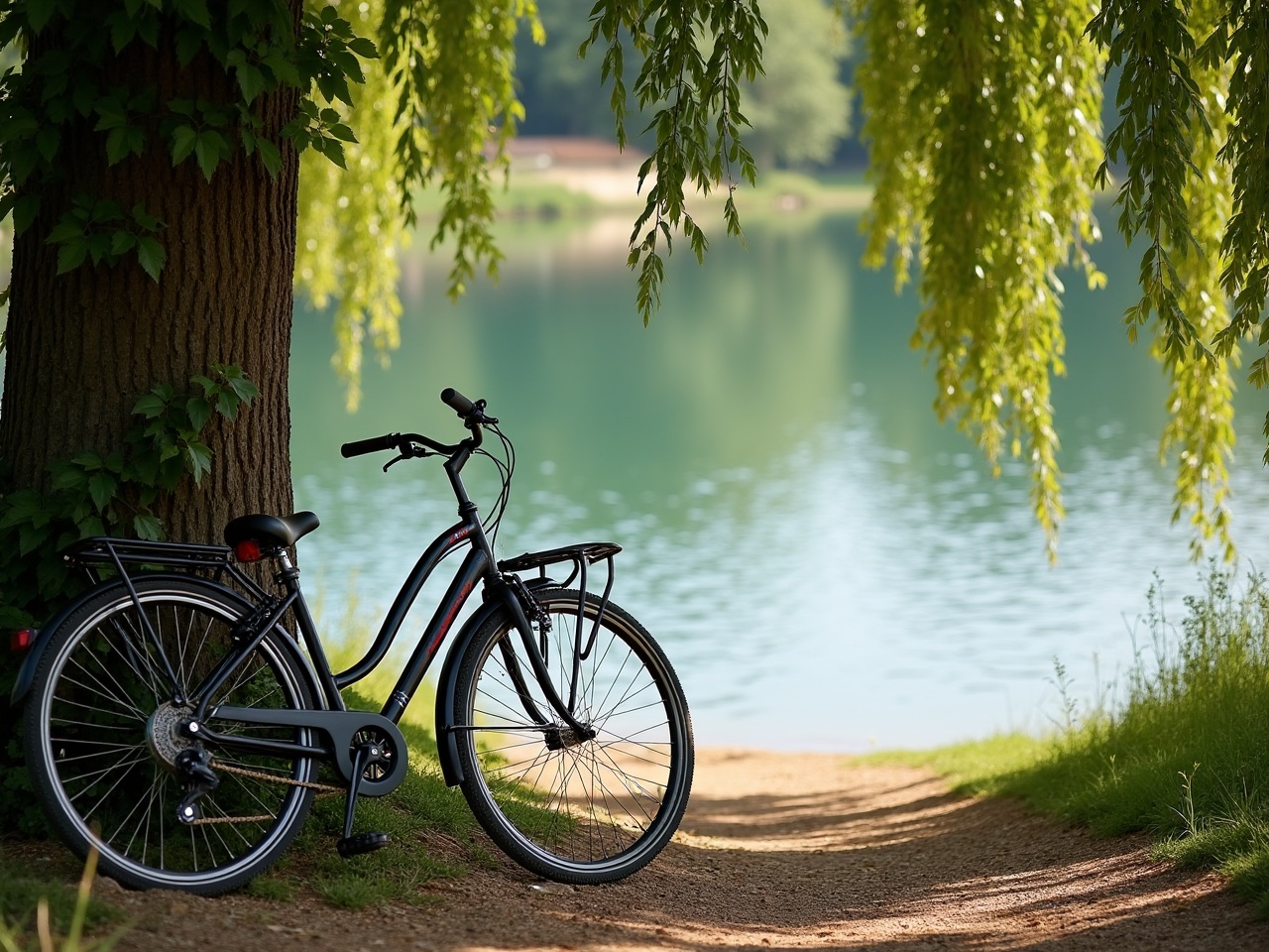 A bicycle leans against a tree, surrounded by lush hanging willows, providing a tranquil view of a serene lake. The scene exudes calmness, with sunlight gently filtering through the leaves and casting soft shadows on the path. The placid water in the background enhances the peaceful atmosphere of a leisurely moment in nature.