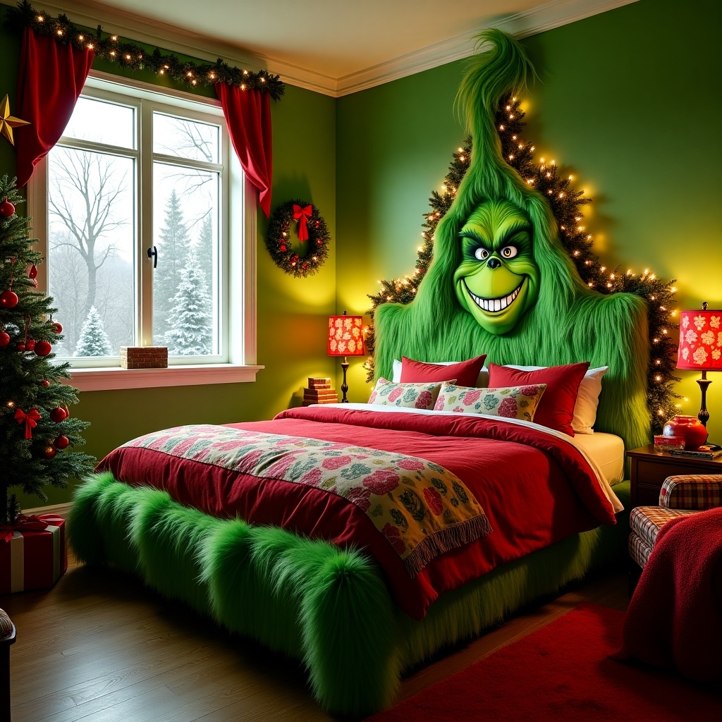 Design Grinch-themed bedroom capturing the mischief of the Grinch’s holiday antics. Bed features Grinch face on headboard with signature grin and green furry elements. Decorate with green and red colors, plush bedding, pillows with Grinch quotes. Include Christmas tree with quirky decorations, mismatched ornaments, a scruffy star, and funny garland. Hang Grinch-themed stockings on wall or makeshift chimney. Use wreaths or garlands with silly ornaments. Add green fuzzy rug mimicking Grinch’s fur. Incorporate whimsical holiday lights in unexpected colors. Place cozy armchair with red blanket in corner. Show snowy window scene with Grinch peeking out or creating snowflakes. Ensure room embodies chaos and charm of the holiday season.