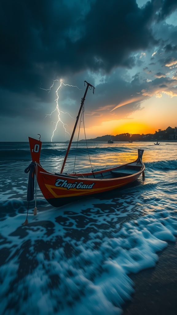 A vibrant, traditional boat rests on stormy shores under a dramatic sky. A vibrant sunset pierces the horizon, casting a warm glow, while a striking bolt of lightning splits the dark clouds above. The turbulent waves wash against the shore, enhancing the sense of impending adventure and danger.