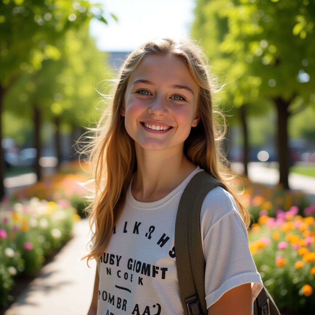 The image features a cute teen girl standing in a vibrant outdoor setting filled with colorful flowers. She has long hair and exudes a cheerful smile. The background showcases trees and a well-maintained pathway, enhancing a sense of tranquility. The lighting is soft and warm, suggesting a sunny day. This portrait reflects youthfulness and positivity, making it perfect for marketing materials or social media.