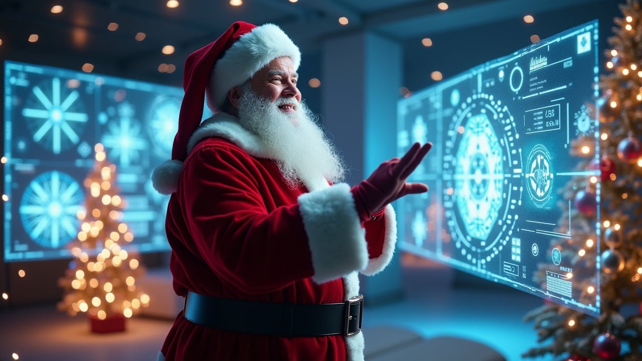 Create a cinematic image depicting Santa Claus in a festive high-tech room. Include holographic designs and BIM models. Santa smiles and gestures towards the visuals. Add a text overlay wishing Merry Christmas and Happy New Year. The image should be hyperrealistic.