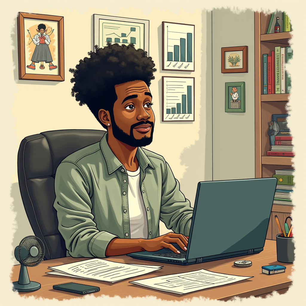 A person with an afro working on a laptop amidst charts and books in a well-decorated office space.