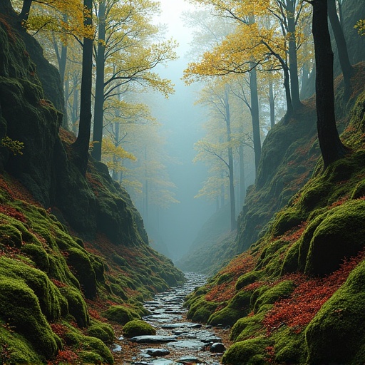 A misty forest canyon with a stone path. Tall trees with yellow leaves surround the area. Moss and red leaves cover the rocks. Green plants grow abundantly. The distant mountain peak adds depth to the scene.