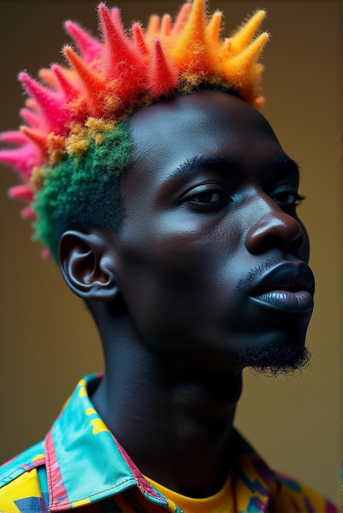 A person with vibrant, multi-colored spiky hair and a patterned shirt.