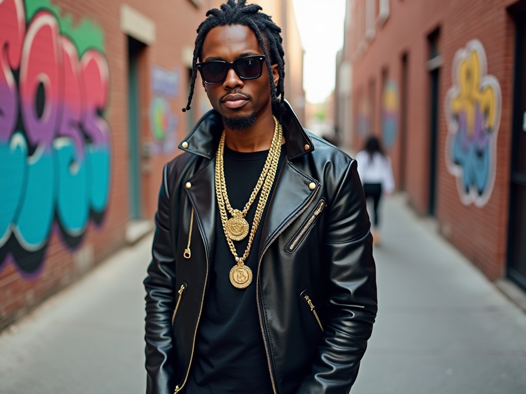 Man wearing black leather jacket and sunglasses with gold chains, standing in an alley with graffiti.