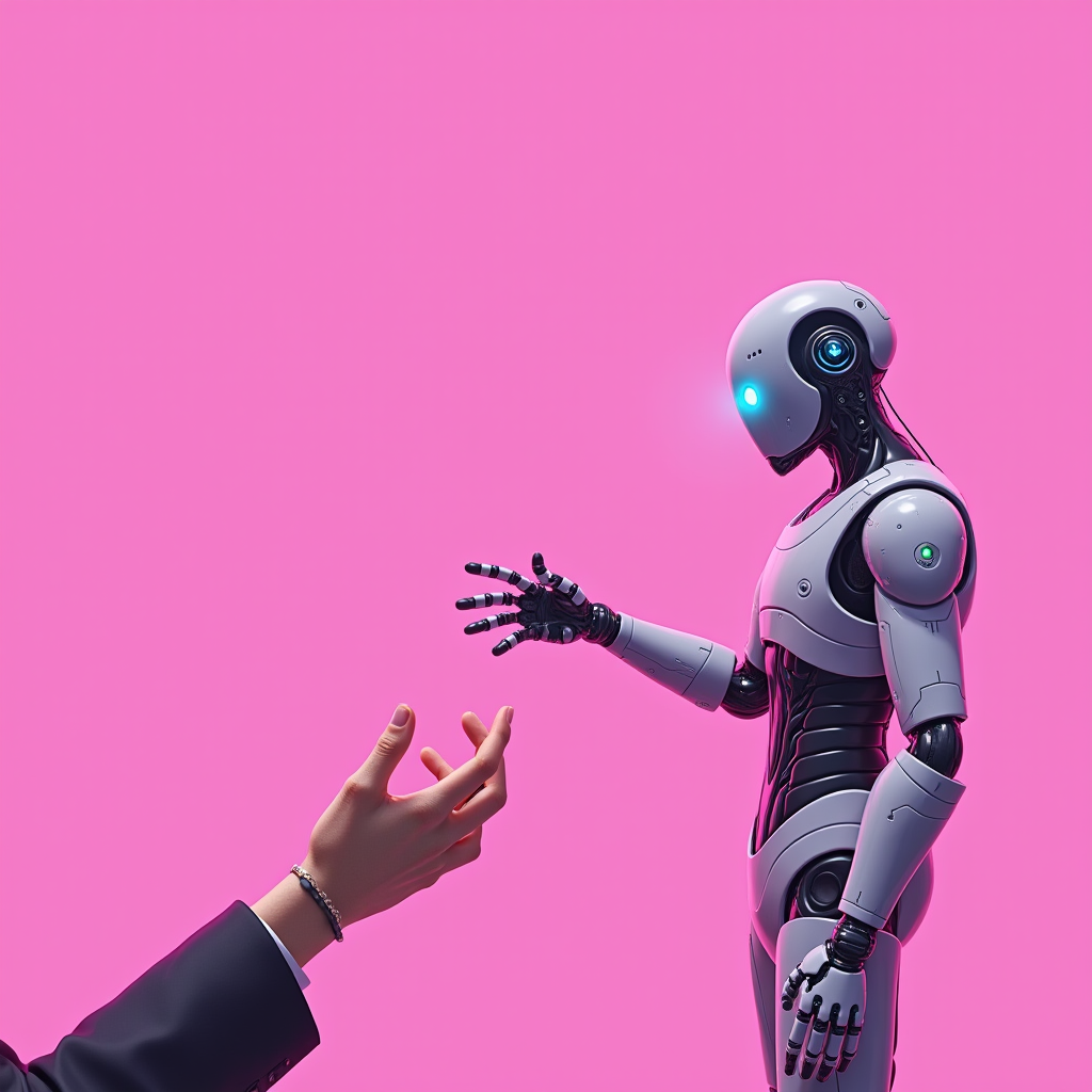 The image features a humanoid robot extending its hand towards a human hand against a vibrant pink background. The robot has a sleek and modern design, featuring a shiny white surface with black joints and glowing blue lights on its head and shoulder. The human hand appears to be reaching back, dressed in a dark suit sleeve, suggesting a sense of cooperation or communication between human and machine. The setting is minimalistic, emphasizing the interaction between the robotic and human elements.