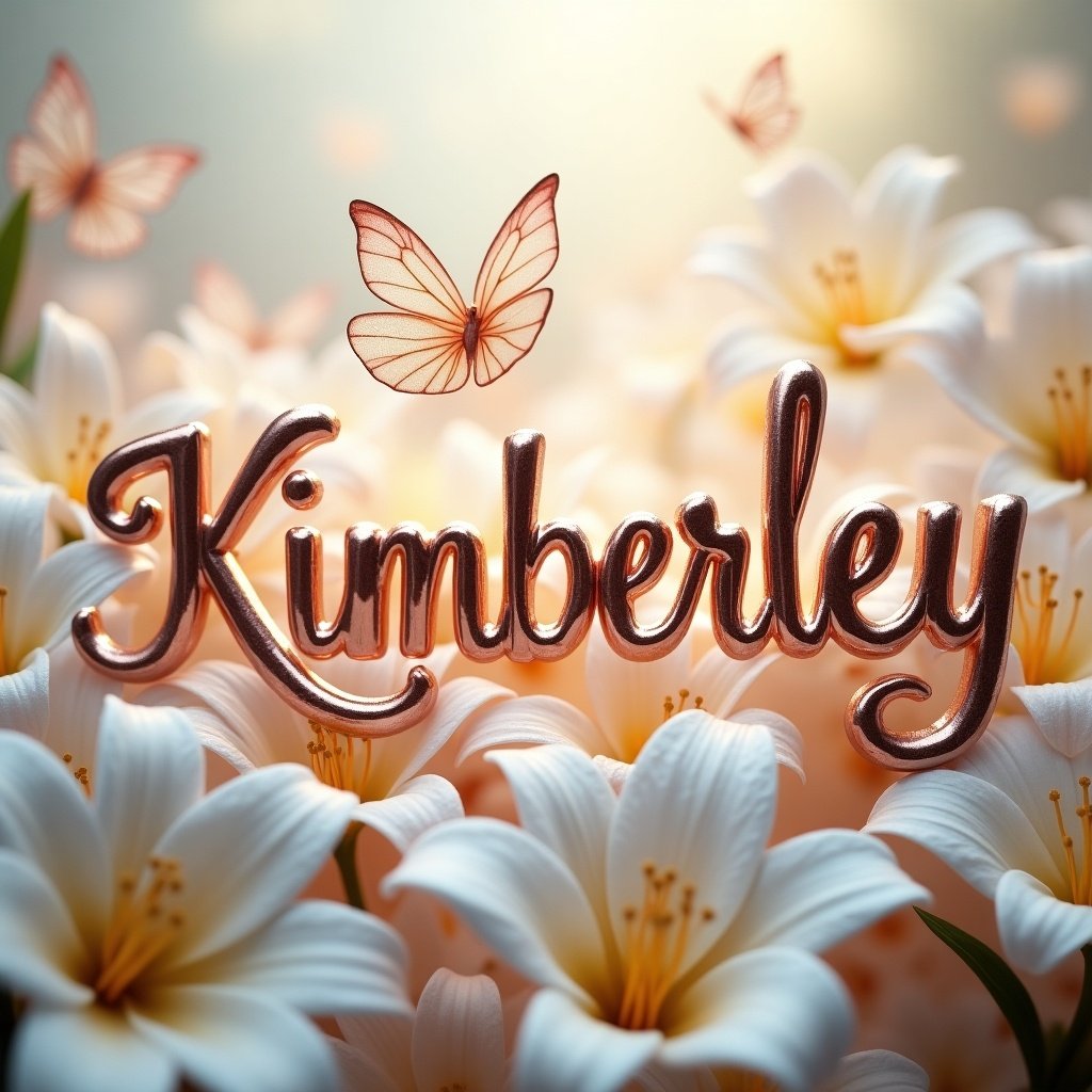 Rose gold butterflies and white lilies with dew drops. Name Kimberley in large beautiful glowing metal-like font with subtle reflection effect.