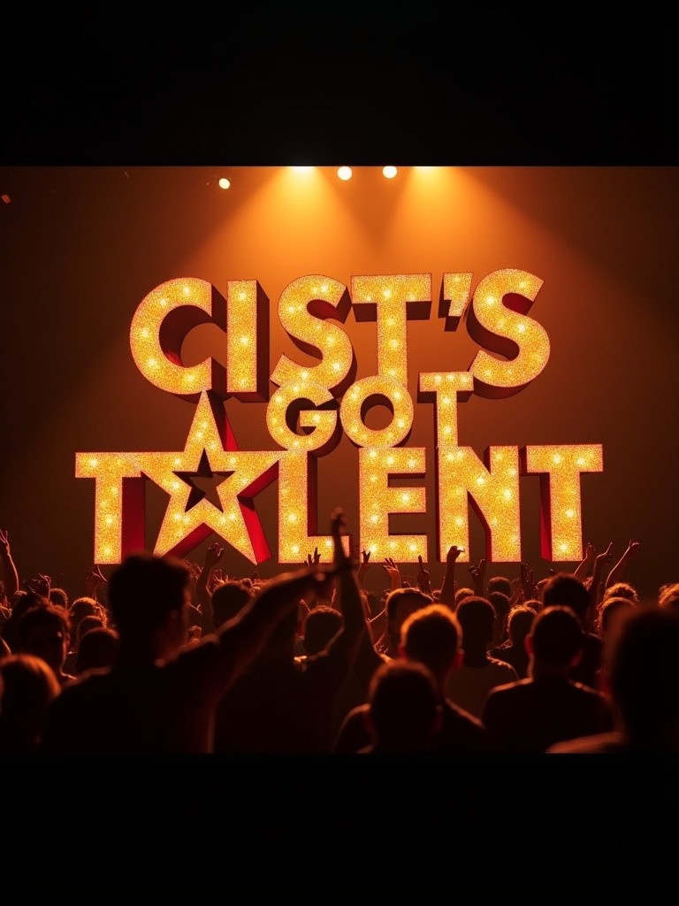 An eye-catching design showcasing CIST's GOT TALENT text in bright lights. The O character resembles a star. The background features a crowd silhouetted under a spotlight. The color scheme includes glittering black and orange.