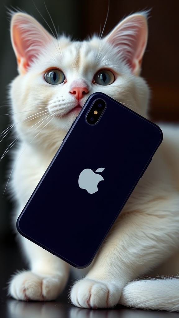 A fluffy white cat playfully holds a black smartphone with the Apple logo.