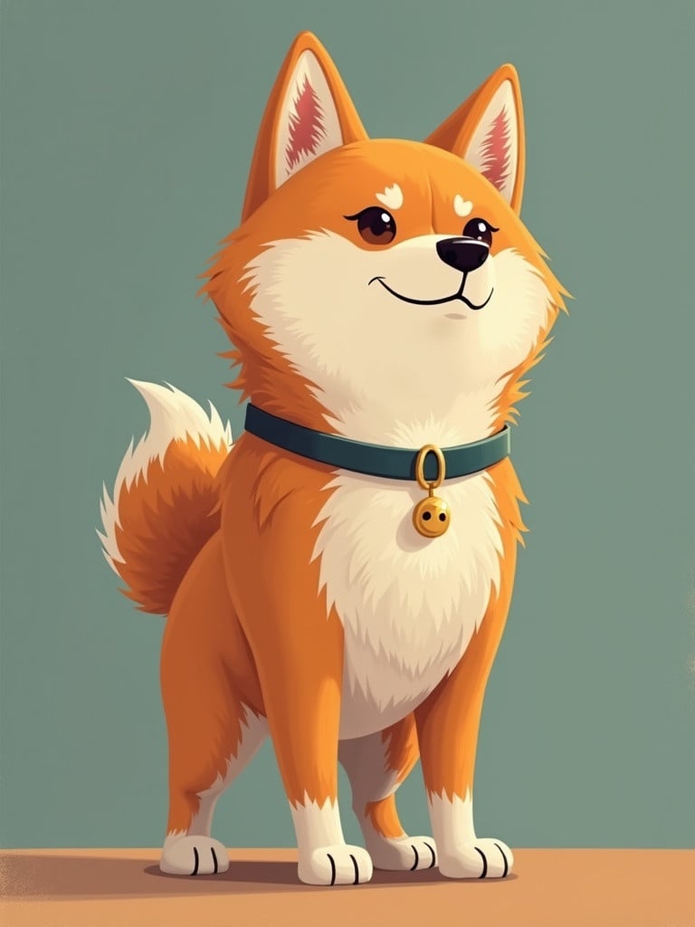 Illustration of a Shiba Inu dog standing proudly with a collar. The dog has a friendly expression and a bushy tail. The background is a simple, light color to highlight the character.