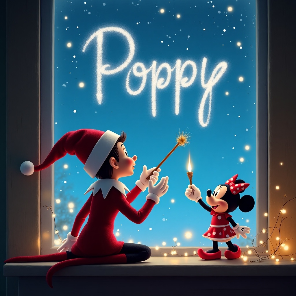 An elf on the shelf sits on a windowsill with his back facing the viewer. He is using a magical wand to write 'Poppy' in the starry night sky. The scene is vibrant and captures the essence of a Disney Christmas. Next to the elf is Minnie Mouse, who has a joyful expression and is holding a smaller wand. The window frame has soft, glowing lights around it, enhancing the festive atmosphere. Snowflakes can be seen gently falling outside, contributing to the magical winter setting.