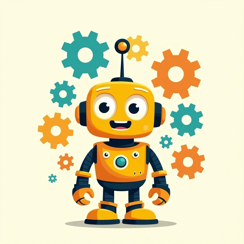 Cartoon-style robot with a friendly appearance. Large expressive eyes and a smile. Colorful gears in the background. Bold colors of yellow, orange, and turquoise for a lively effect. Simple yet striking design.