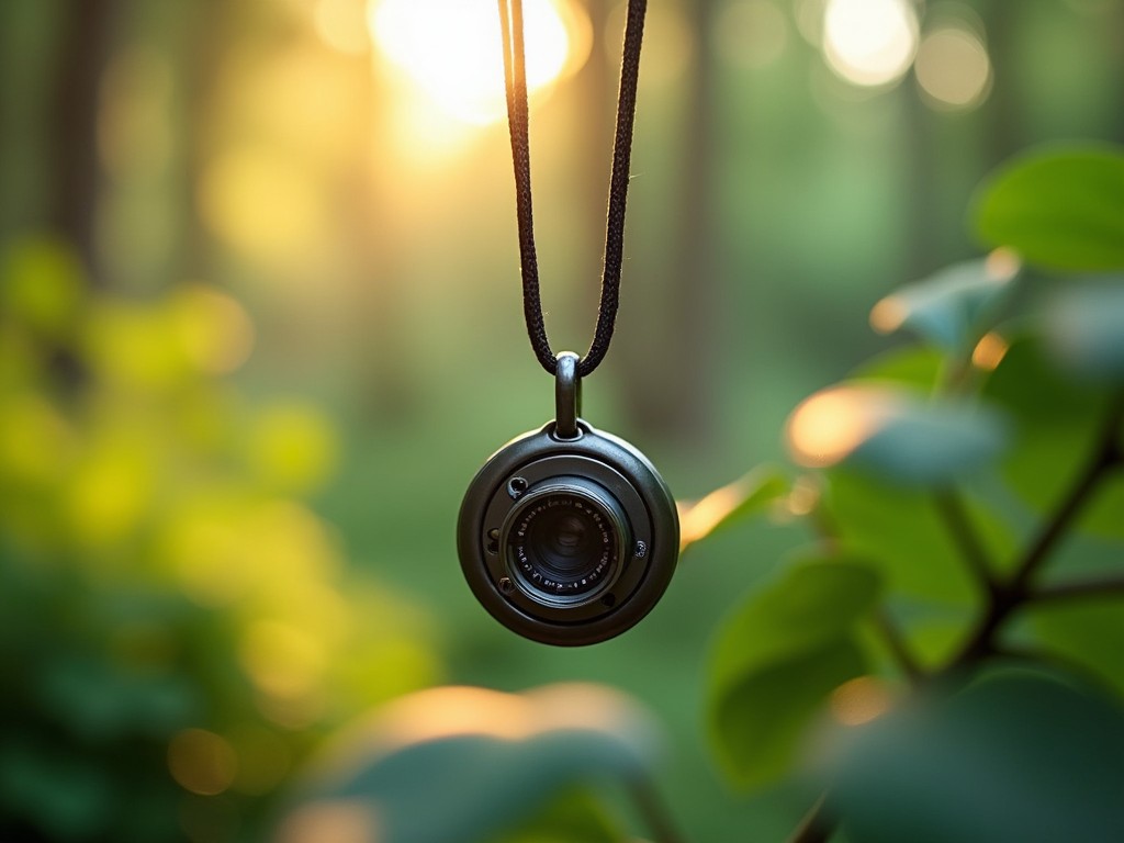 The image showcases a pendant shaped like a camera lens hanging from a black cord. It is set against a blurred background of softly illuminated greenery. The warm sunlight filters through the trees, creating a magical bokeh effect. The pendant is sharply focused, drawing attention to its details. This creative design symbolizes the passion for photography intertwined with nature. The soft colors and serene setting evoke a calming atmosphere. It suggests a blend of art and nature, ideal for enthusiasts of both realms. This image could serve as an inspiration for fashion or photography-related themes.