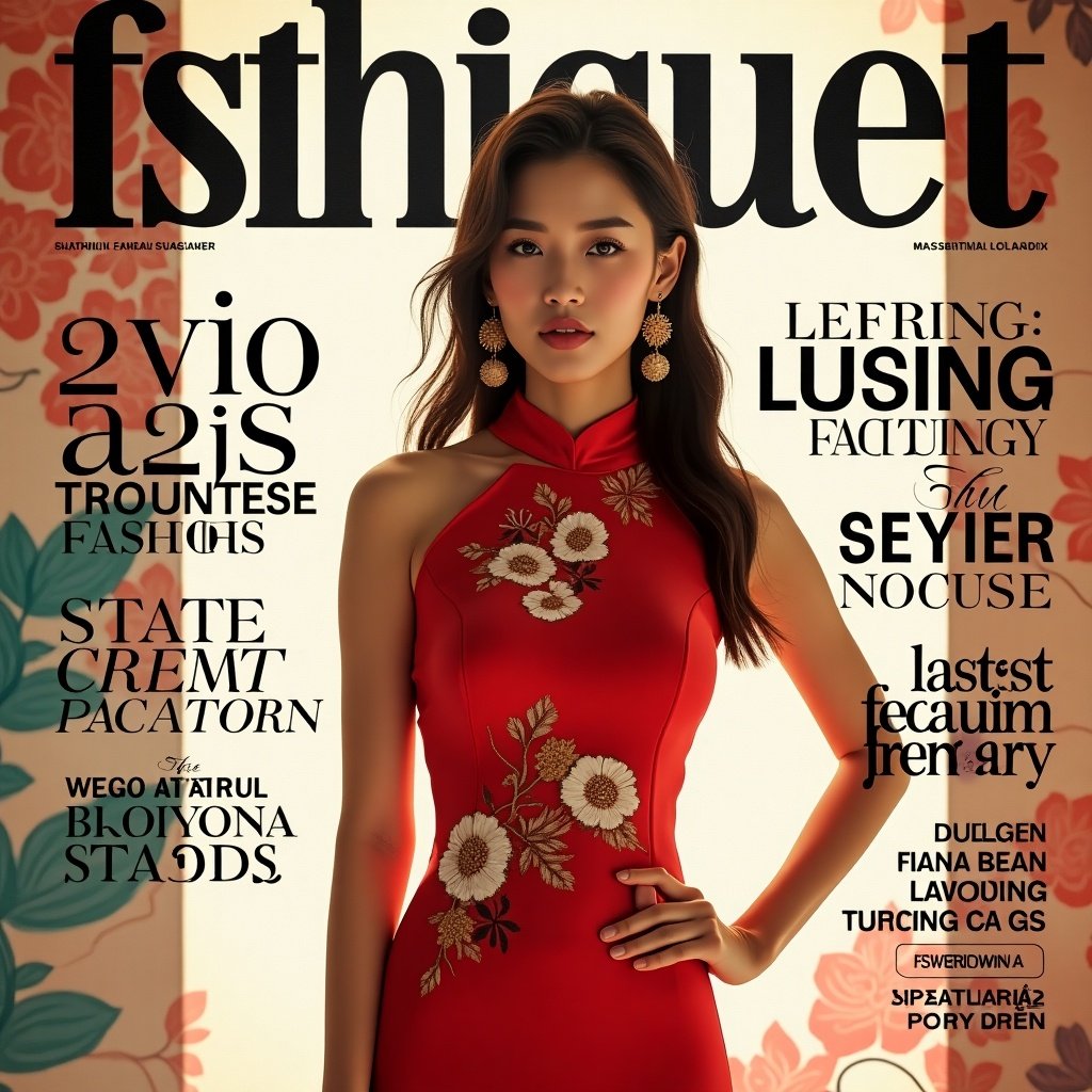 Cover design for a Vietnamese fashion magazine featuring a woman in a red dress. Stylish typography and vibrant colors display various sections.