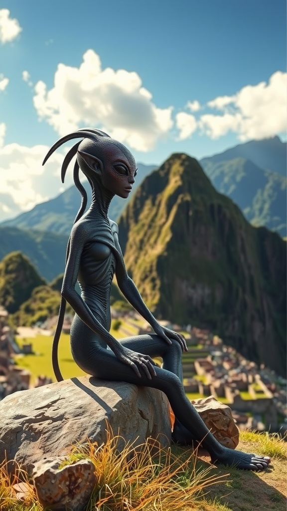 A humanoid alien figure sitting on a rock overlooking the ancient site of Machu Picchu.