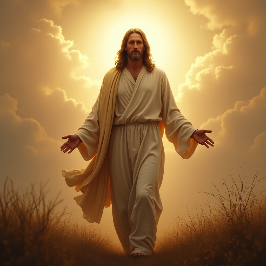 A serene figure of Jesus Christ stands with outstretched arms. Illuminating light surrounds him. He wears a flowing robe and conveys a sense of peace and divinity. The background features soft grass and a warm glow.