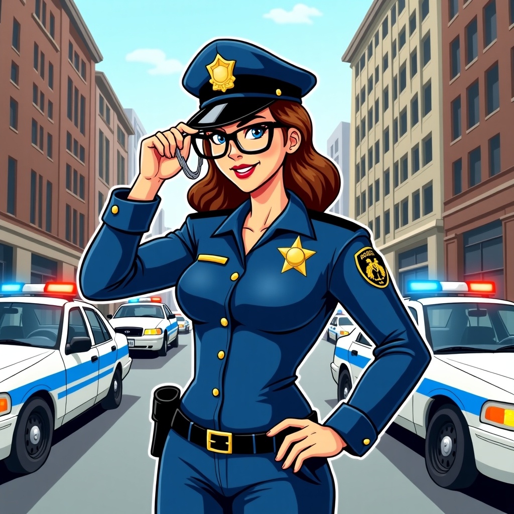 Stylized cartoon of a confident police officer in fitted blue uniform. Officer holds handcuffs and adjusts glasses. Police cars and city buildings in background. Comic book art style with vivid colors.