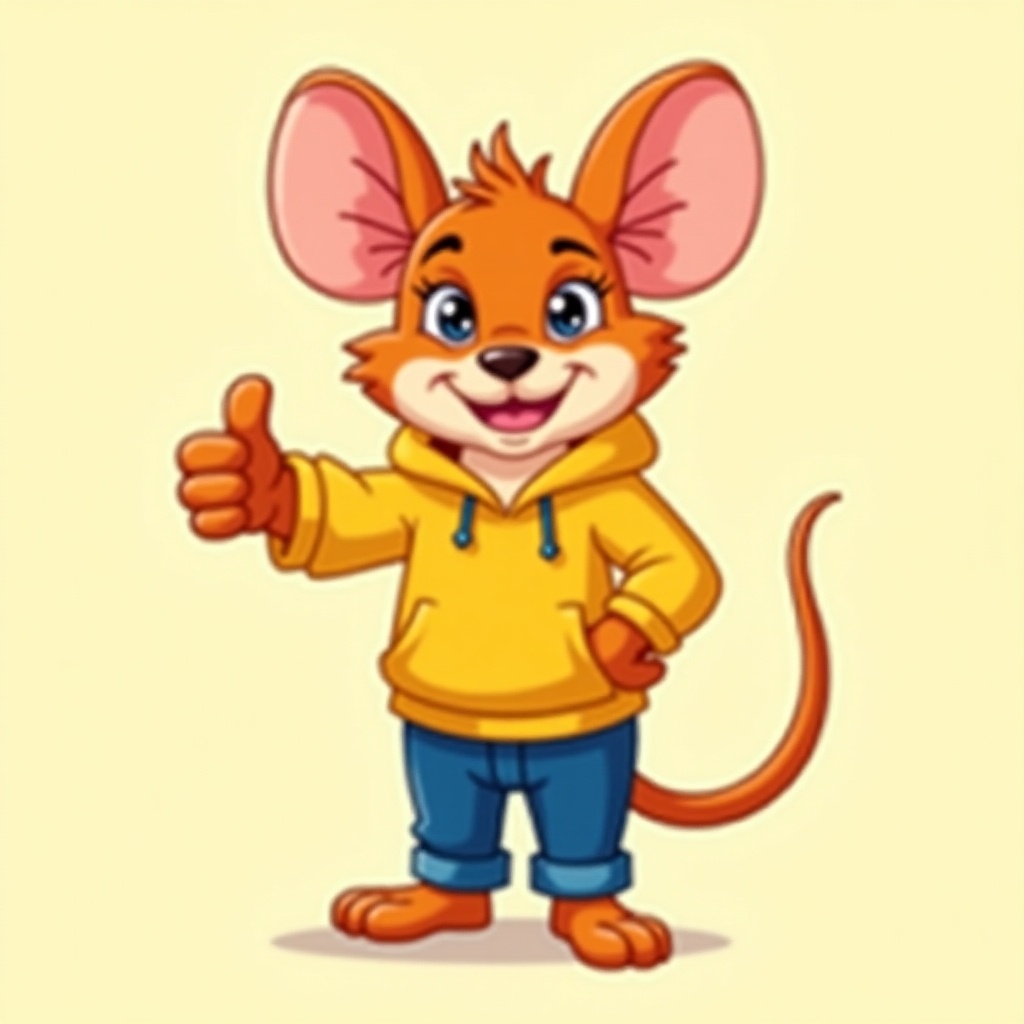 Cheerful cartoon character depicted as a mouse. Mouse has bright orange fur and large ears. Smiling broadly in a yellow hoodie and blue jeans. Making a thumbs up gesture. Background is solid cream to highlight character.