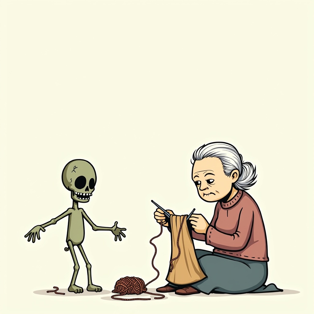 This illustration features an old lady knitting in a whimsical cartoon style. She is using oversized knitting needles, while the wool yarn has a playful squiggly shape. In front of her is a friendly zombie stick figure with outstretched arms, looking excited. The old lady sits on the bottom right, while the zombie is positioned towards the top middle, creating a sense of interaction. The lines and shapes are simple and rough, adding to the charm of the image. This scene combines a lighthearted approach to Halloween with a focus on crafting.