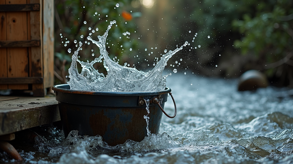 A metal bucket splashes water dramatically in a peaceful riverside setting.