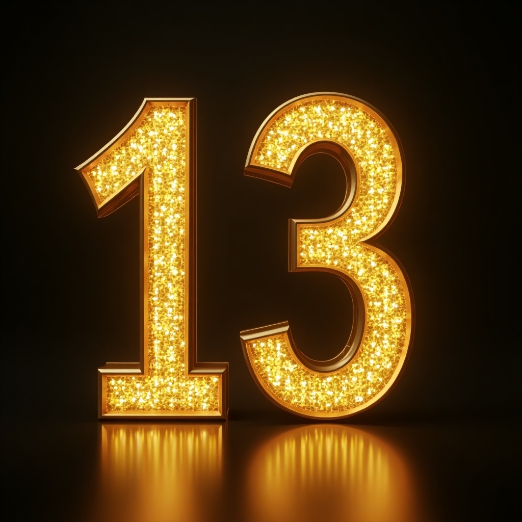 This image features the number 13 designed in a shiny gold effect. The numbers are embellished with sparkling lights that give them a marquee style. The background is dark, making the golden numbers stand out vividly. This design is perfect for celebrations or events. The overall aesthetic is high-end and eye-catching, suitable for various promotional uses.