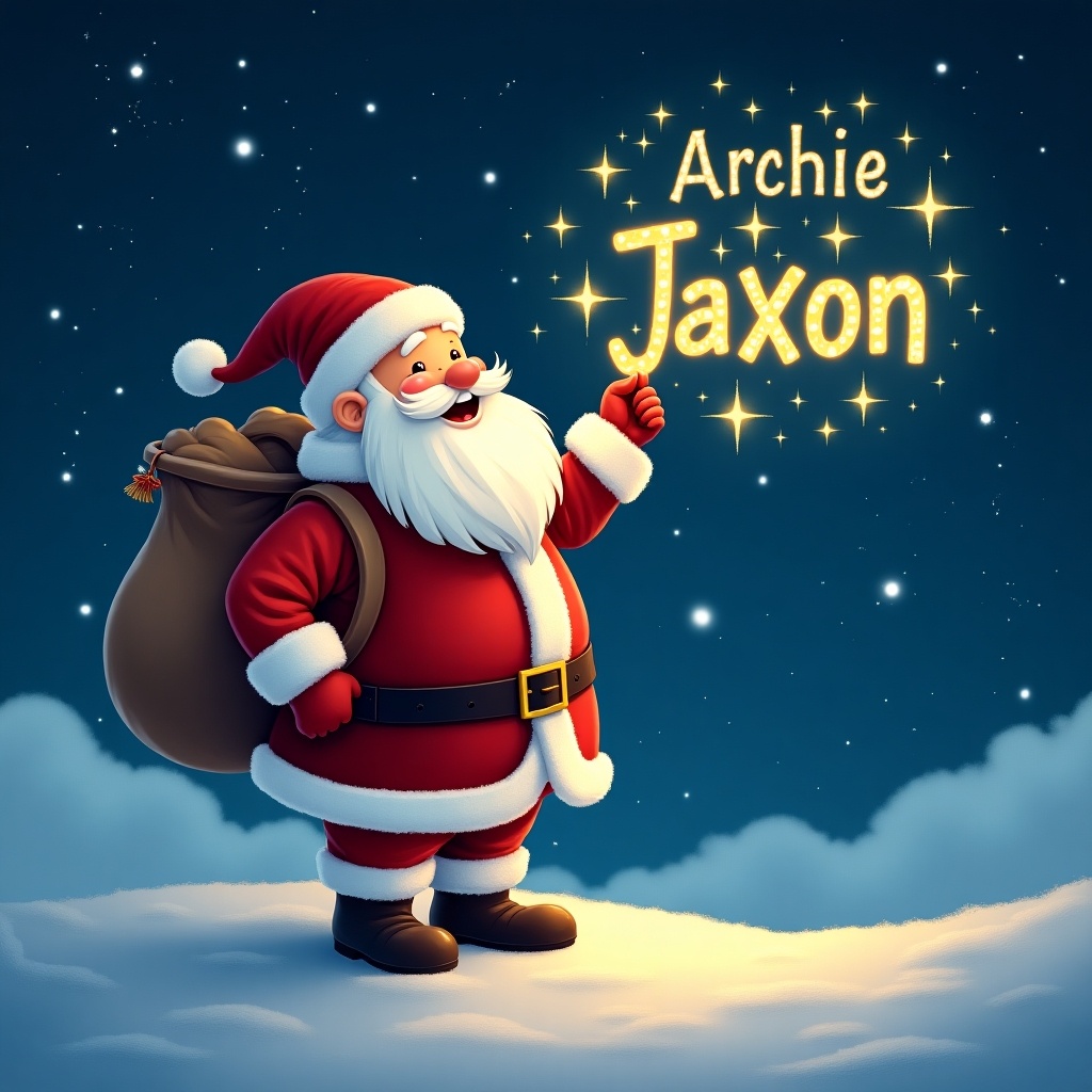 A jolly Santa Claus standing on snow, pointing at the sky where the names 'Archie' and 'Jaxon' are written in sparkling letters.