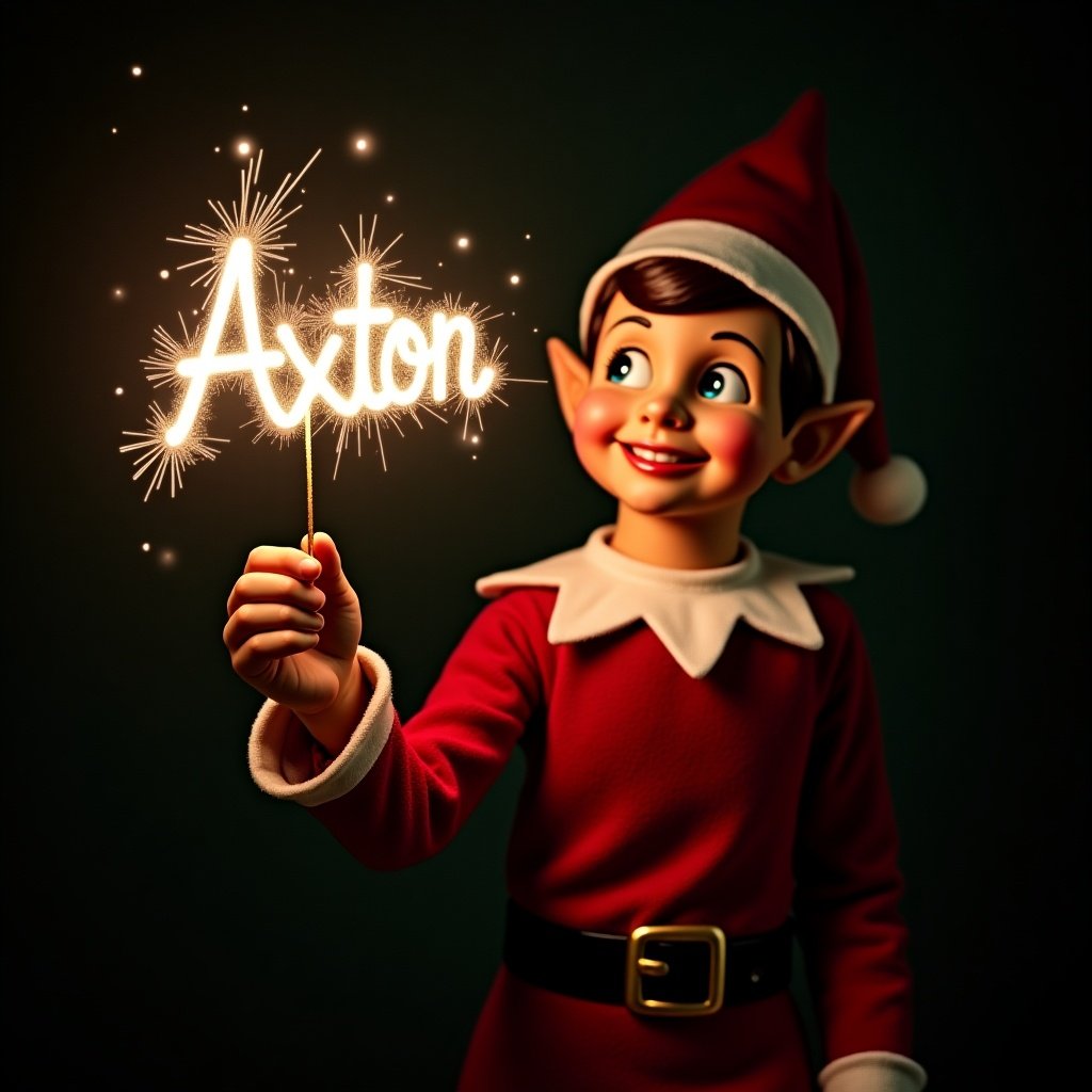 A joyful elf holds a sparkling wand that writes the name 'Axton' in light. The background is dark, creating a festive and magical scene. The character wears a classic elf costume.