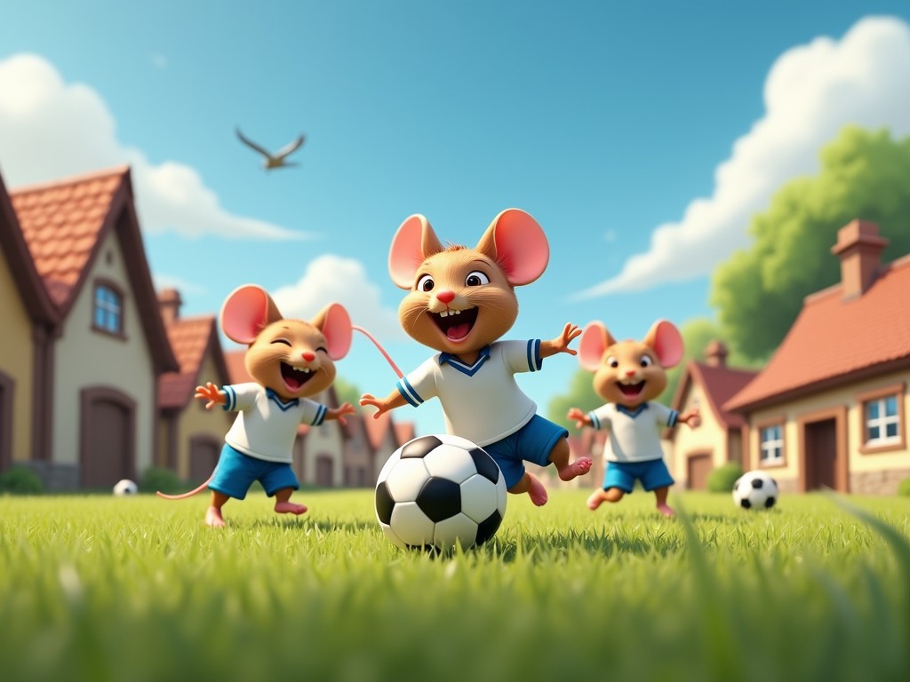 The image depicts three animated mice joyfully playing soccer on a lush green field, surrounded by quaint houses under a clear blue sky. The mice are exuberantly dressed in soccer uniforms, and their cheerful expressions capture the playful nature of the scene. A bird flying overhead adds a whimsical touch to the vibrant and lively setting.