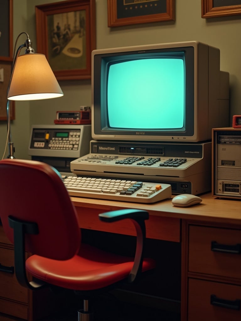 Vintage computer setup is displayed. Bulky CRT monitor is on the desk. Keyboard is in front of monitor. Mouse is on the desk. Various retro items surround the setup. Red office chair is positioned at the desk. Desk lamp provides lighting. Warmly lit room creates a cozy atmosphere.