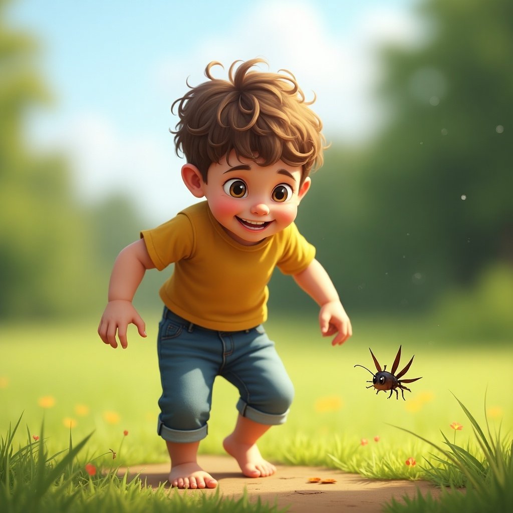 A young boy stands over a small bug. He is shirtless and about to stomp it. The scene is playful and active in an outdoor setting with greenery.