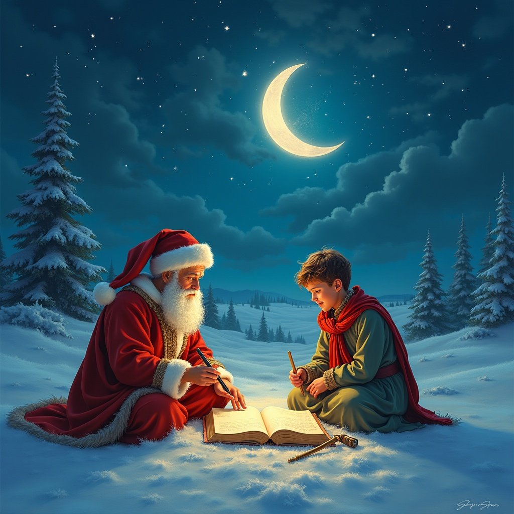 Father Christmas sits in the snow with a child. They write together in a large book. The night sky glows with a crescent moon and stars. Snow-covered trees surround them. It conveys warmth and magic during the Christmas season.