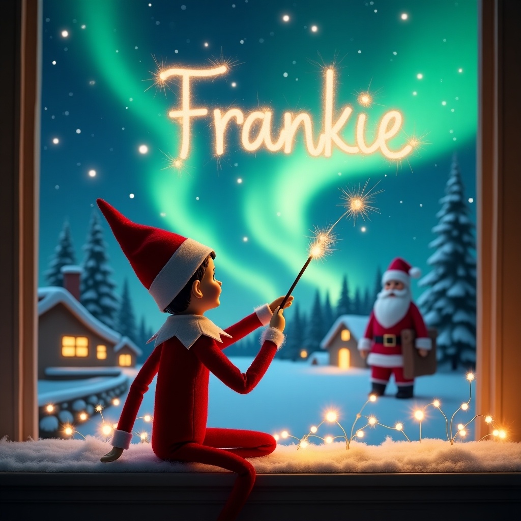 The image features an elf on the shelf with his back facing the viewer, gazing up at the night sky. He holds a wand, creating sparkles that spell out the name 'Frankie' in the air. The background showcases a magical Christmas scene with stunning Northern Lights illuminating the landscape. Cozy houses dot the snowy ground, contributing to the enchanting atmosphere. A sense of wonder pervades the scene, perfectly capturing the essence of holiday magic.