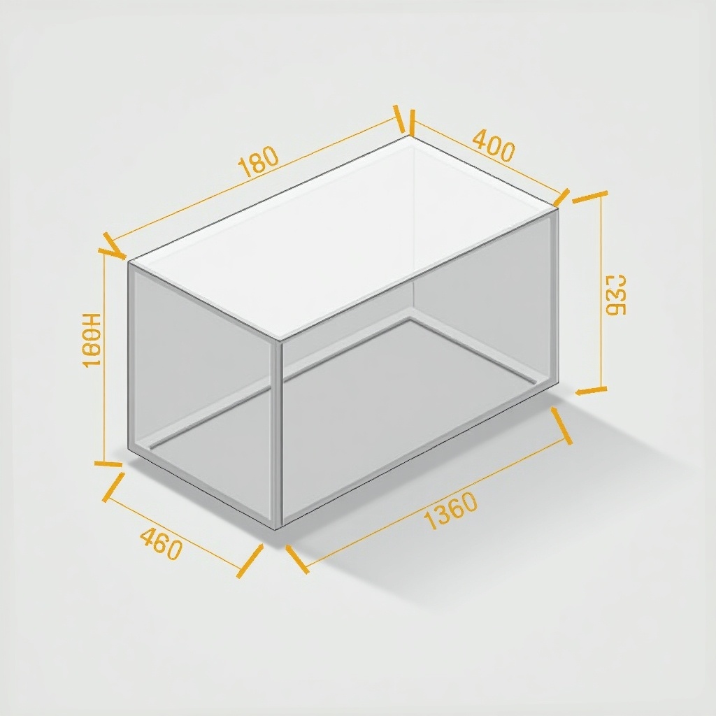 The image features a transparent outline of a rectangular box. Box dimensions are provided. Length, width, and height measurements are visible in inches. Presented in isometric perspective, the design emphasizes the 3D shape of the box. Measurement lines are highlighted in yellow on a gray background. Suitable for engineering or architectural needs.