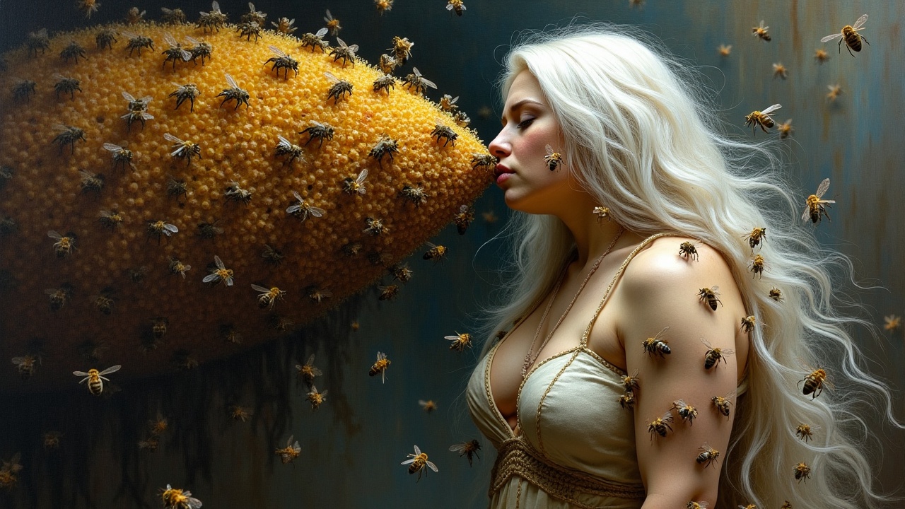 A woman with long blonde hair interacts closely with a large beehive, surrounded by bees on her skin.