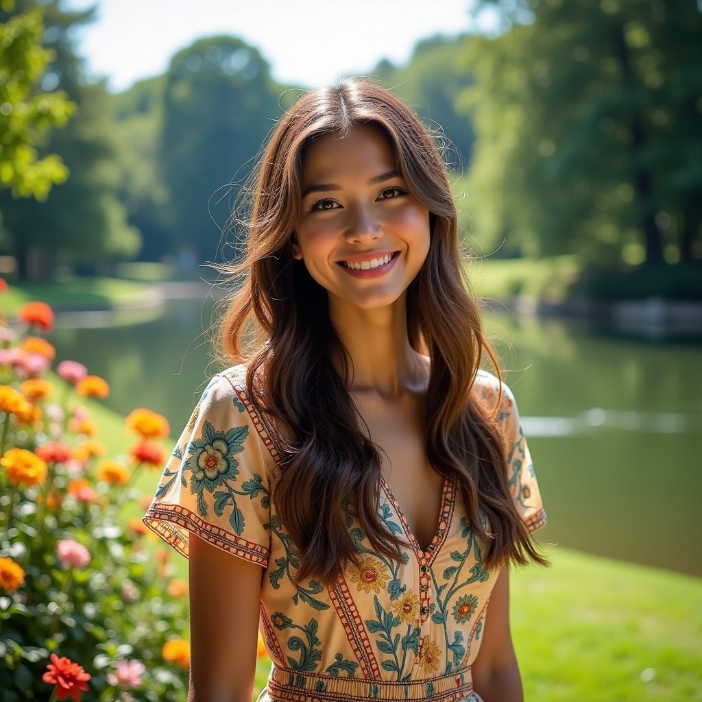 Individual in a floral dress standing in a garden by a water body. The surroundings are lush and vibrant with blooming flowers and green trees. Emphasis on elegance and beauty.