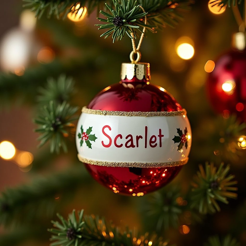 Close-up image of a Christmas bauble with the name 'Scarlet'. Red and white colors with gold accents and holly designs. Hanging on a decorated Christmas tree. Warm lighting. Captures holiday spirit and personalization.