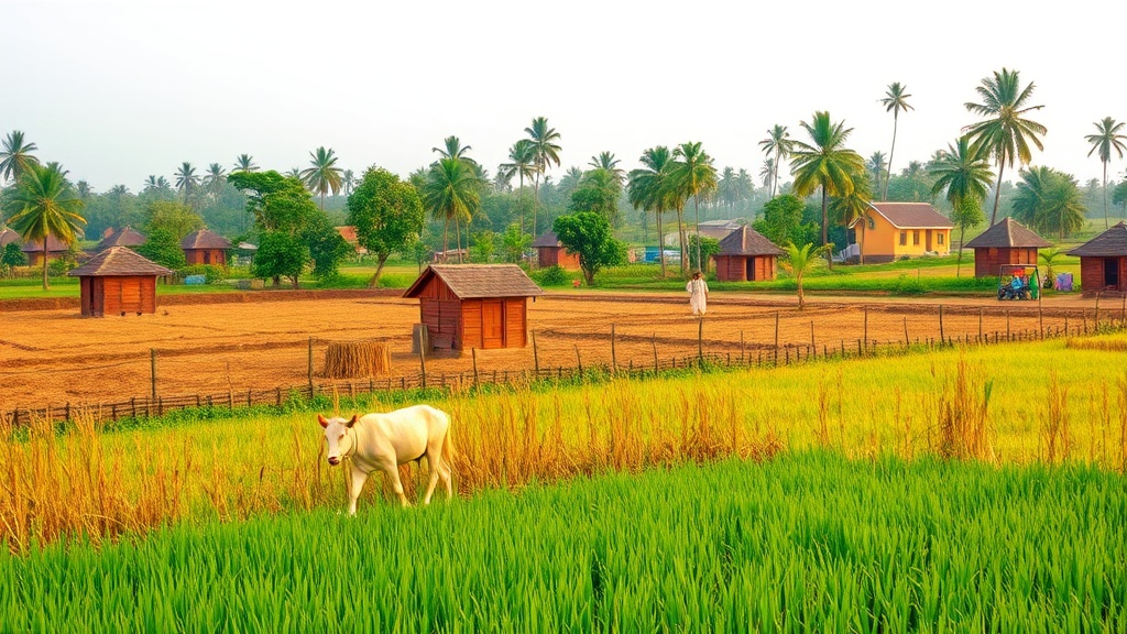 This serene countryside image captures a lush green field with a lone white cow grazing peacefully. In the background, traditional wooden huts and modern houses are surrounded by tall palm trees, with a person walking through the rustic setting. This tranquil rural scene evokes a sense of simplicity and connection to nature.