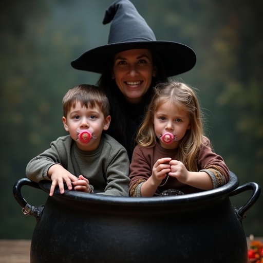 Two children sit inside a large cauldron. A boy and a girl both have pacifiers and handcuffs. Their mother is dressed in a witch costume. She pretends to cook them as part of a humorous Halloween scene.