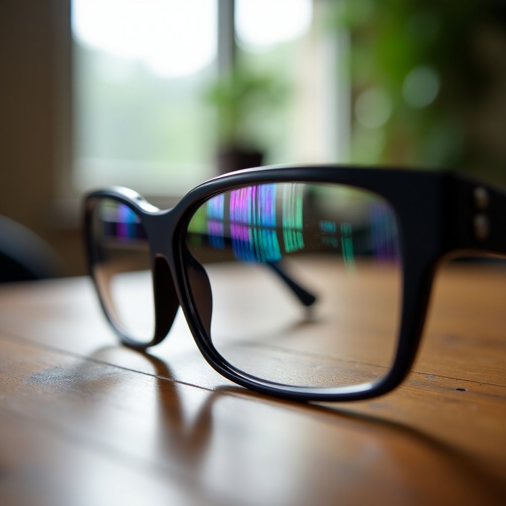 A pair of stylish black eyeglasses rests on a wooden table. Lenses reflect colorful light creating an artistic effect. Natural light shines through the scene. Background is softly blurred ensuring focus on the glasses. Close-up illustrates lens details and light interaction.