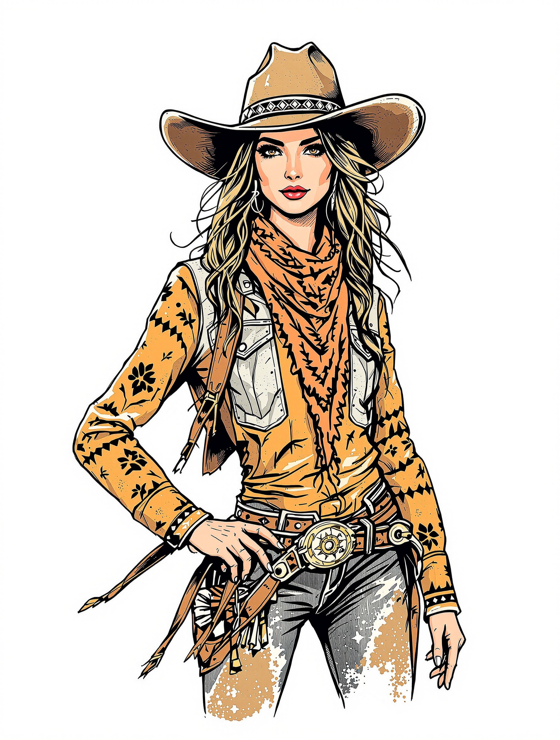 A clipart of a rodeo cowgirl. Hand drawn boho graphic style illustration isolated on white background.