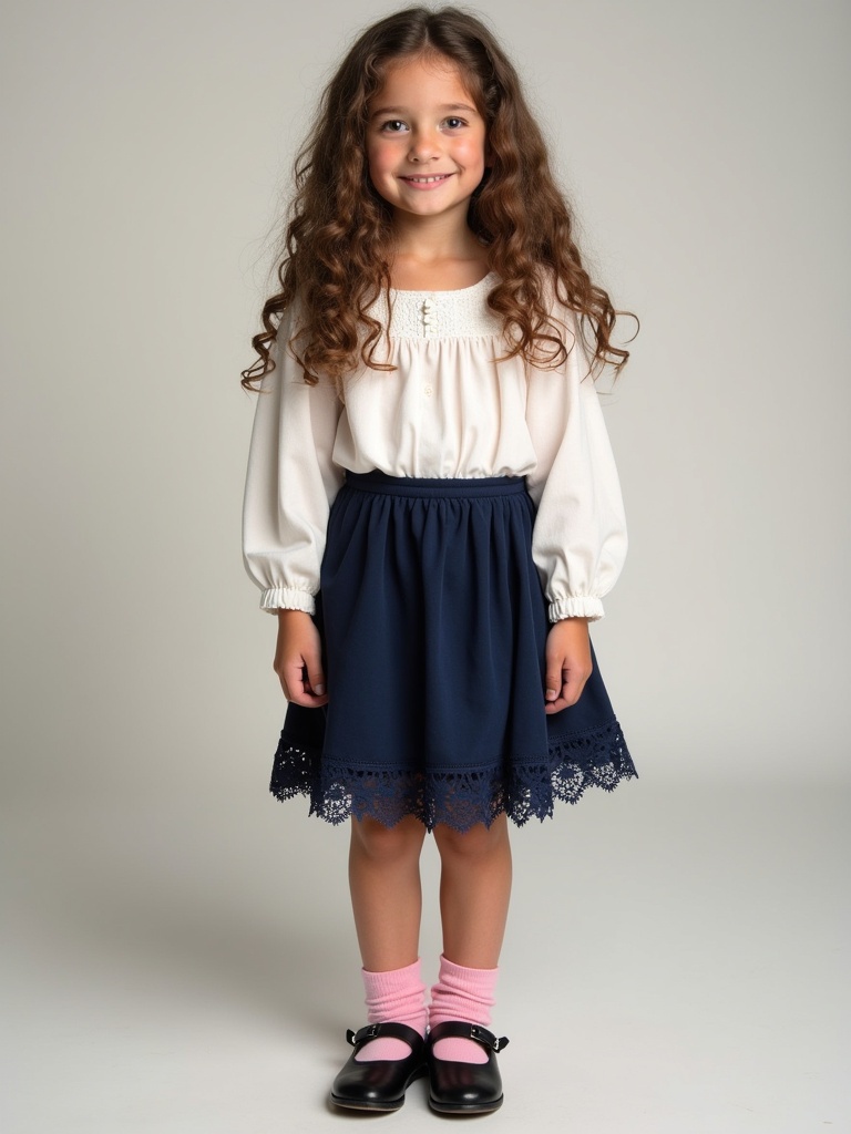 Photograph of a girl in full size. She has long brown hair with curls. She is dressed in white blouse and dark blue skirt with lace trim. Pink ankle socks and black shoes. Soft expression. Captured in natural light.