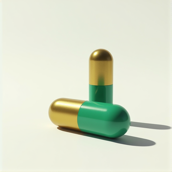 Two capsules, half golden and half green, casting shadows on a light surface.