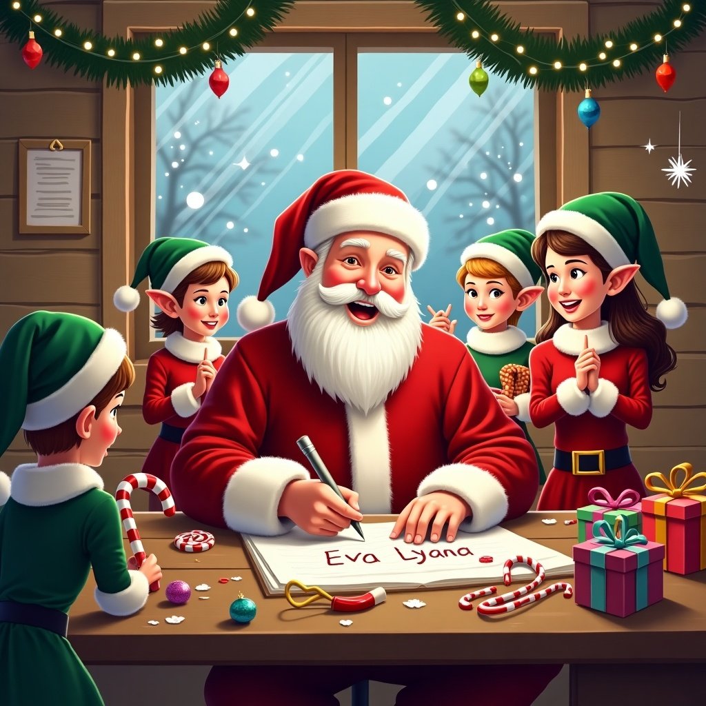 Joyful Christmas scene inside a workshop. Santa Claus surrounded by cheerful elves engaged in festive activities. Elves in green hats and red outfits. Santa in classic red suit. Brightly wrapped presents scattered. Candy canes and colorful ornaments decorate. Snow visible through window. Warm lights enhance mood. Santa writing names.