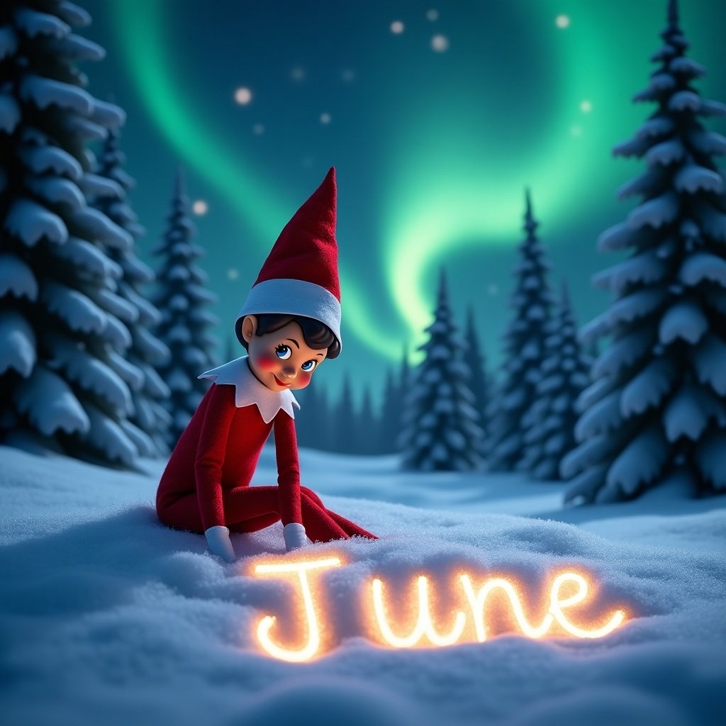 Animated elf sitting in snow writing 'June' in illuminated cursive. Background features vibrant northern lights and snow-covered pine trees.