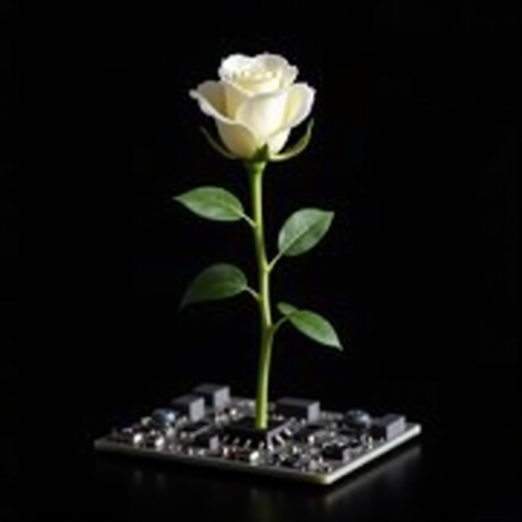 This image features a stunning white rose growing directly from a circuit board, creating a striking contrast between the beauty of nature and the intricacies of technology. The background is entirely black, allowing the details of both the rose and the circuit board to stand out vividly. This representation symbolizes the blend of organic life with modern technology. The rose is vibrant and fresh, while the circuit board is filled with various electronic components, enhancing the theme of coexistence. Overall, this artwork invites viewers to reflect on the relationship between nature and technology in today's world.