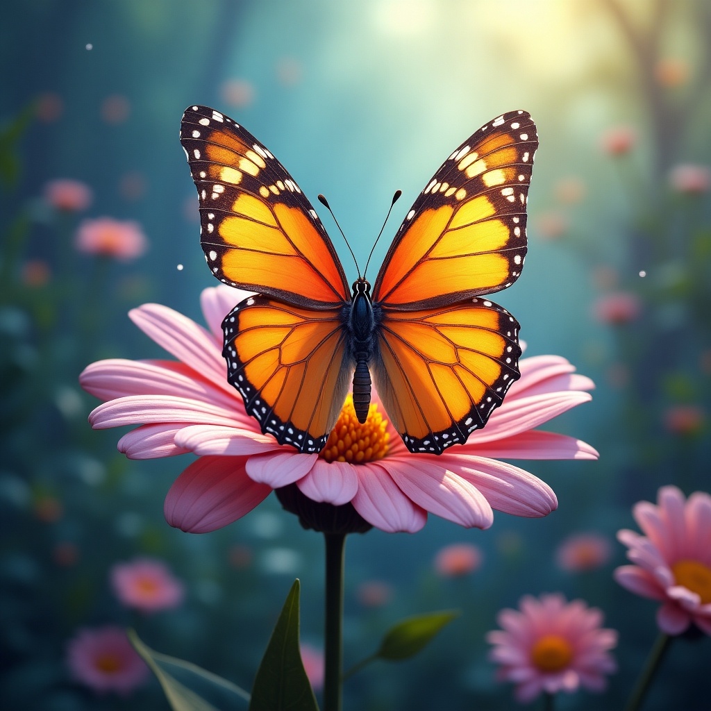 Illustration of a butterfly on a flower. Vivid colors decorate intricate wings. Scene is enchanting and dreamlike. Landscape blends magical realism with nature.