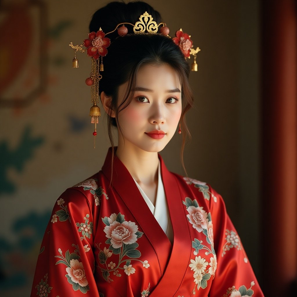 Woman in traditional Ming Dynasty attire. Red kimono with floral patterns. Elegant hairstyle with hairpins. Background features soft colors. Romantic and historical feel.